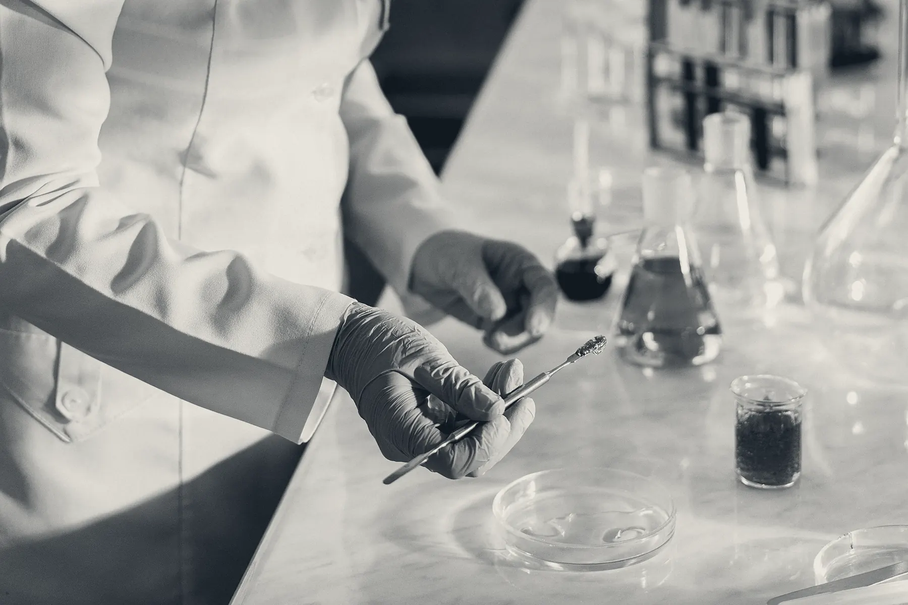 Gloved hands at a laboratory bench dispensing onto sample dishes, glassware behind, photographed close and in monochrome.